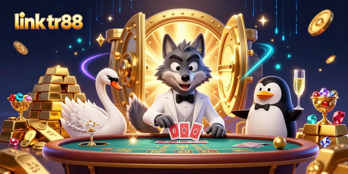 Experience excitement at link tr88 with a debonair wolf mastering baccarat alongside elegant characters in a luxurious casino.