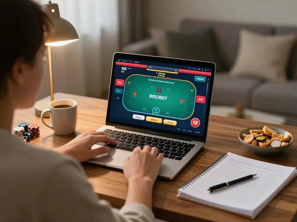 Hitclub player engaged in strategic online poker gaming at home, showing notes and relaxed atmosphere.