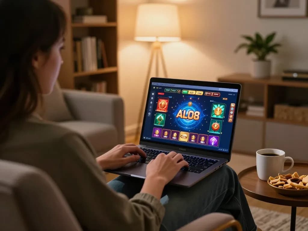 Player engaging with ALO8 online casino on a laptop, showcasing the gaming interface in a cozy home setting.