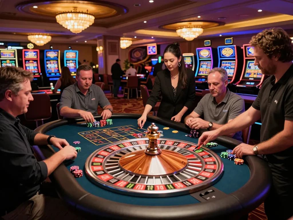 Players enjoying a lively roulette game at VN88 casino, showcasing dynamic betting action and vibrant atmosphere