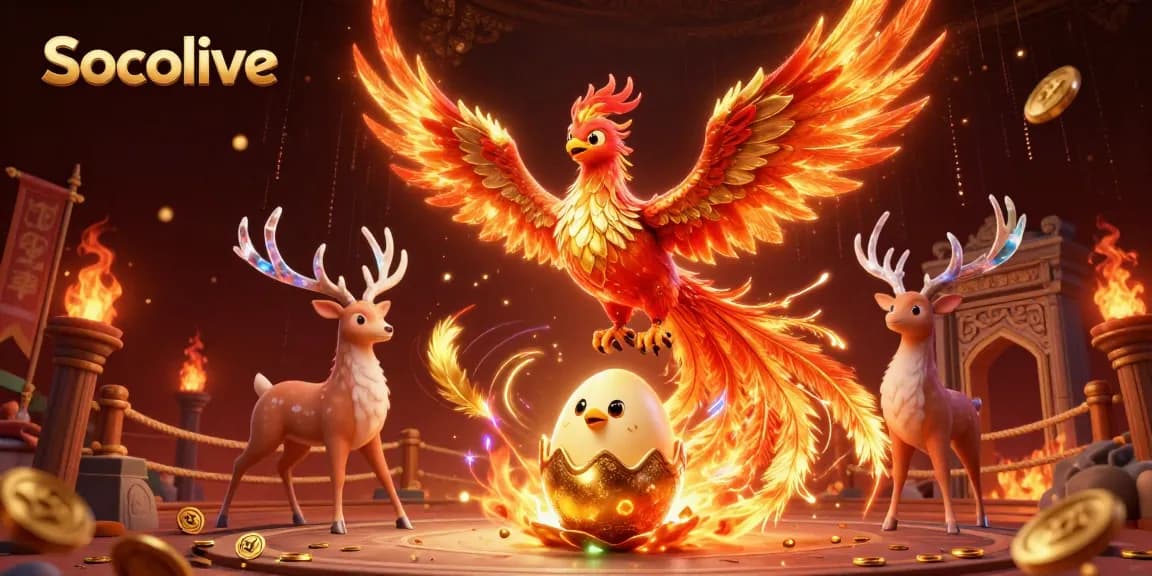Socolive features a vibrant, dynamic scene with a fire phoenix and baby phoenix amidst gold coins, emphasizing high-stakes energy.