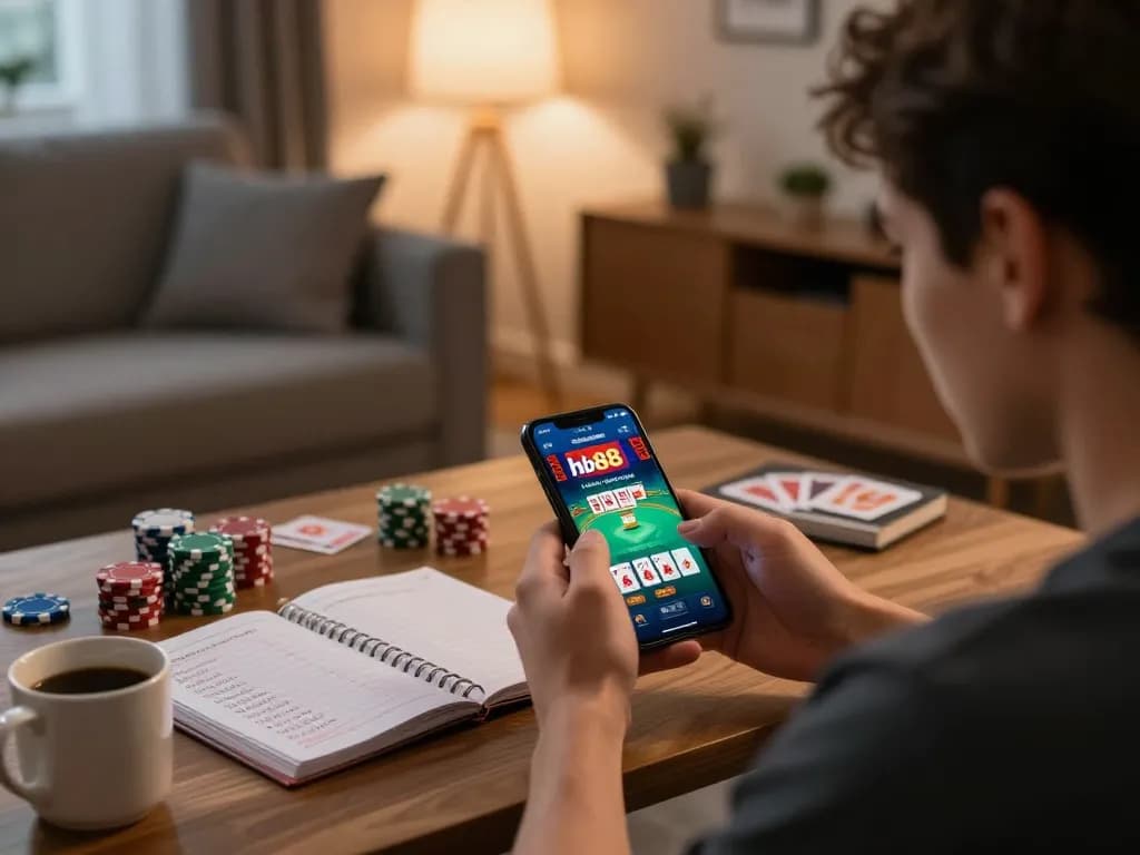 Engaging in strategic gameplay on the hb88 mobile casino app in a cozy living room setting.