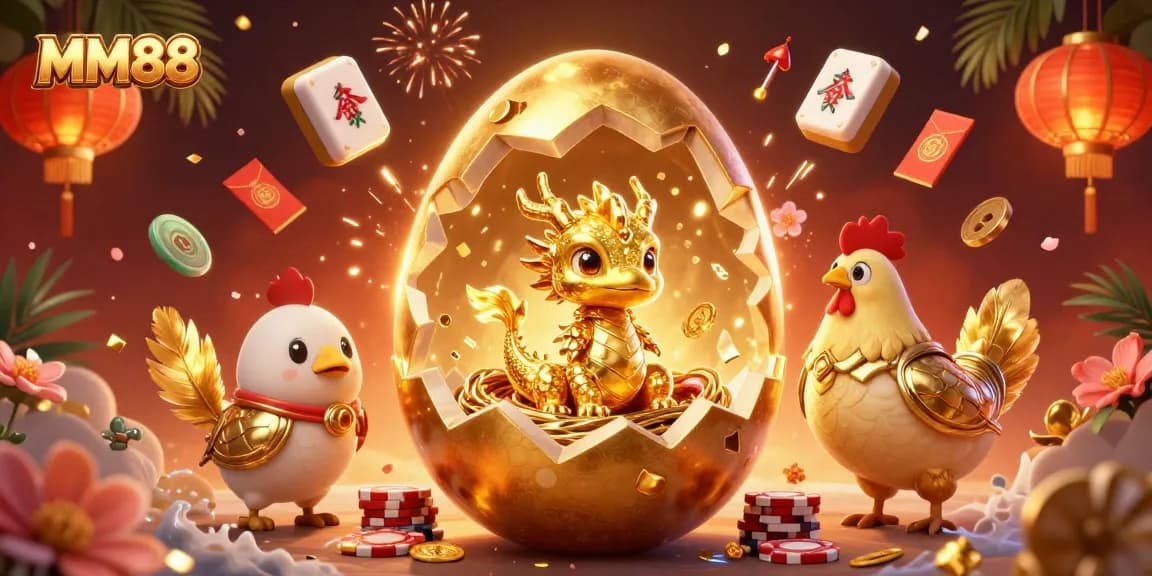 Experience thrilling MM88 gameplay with a vibrant illustration of a golden dragon and poker chips.