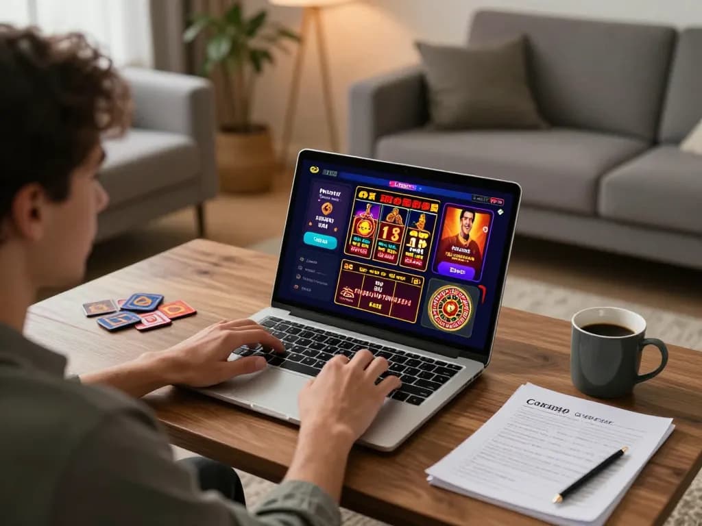 Player enjoying 58win online casino games on a laptop in a cozy home setting.