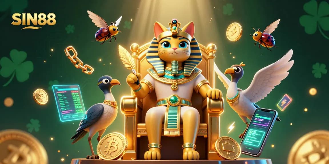 SIN88 showcases an Egyptian pharaoh cat with gold throne and cryptocurrency elements in a dynamic casino scene.