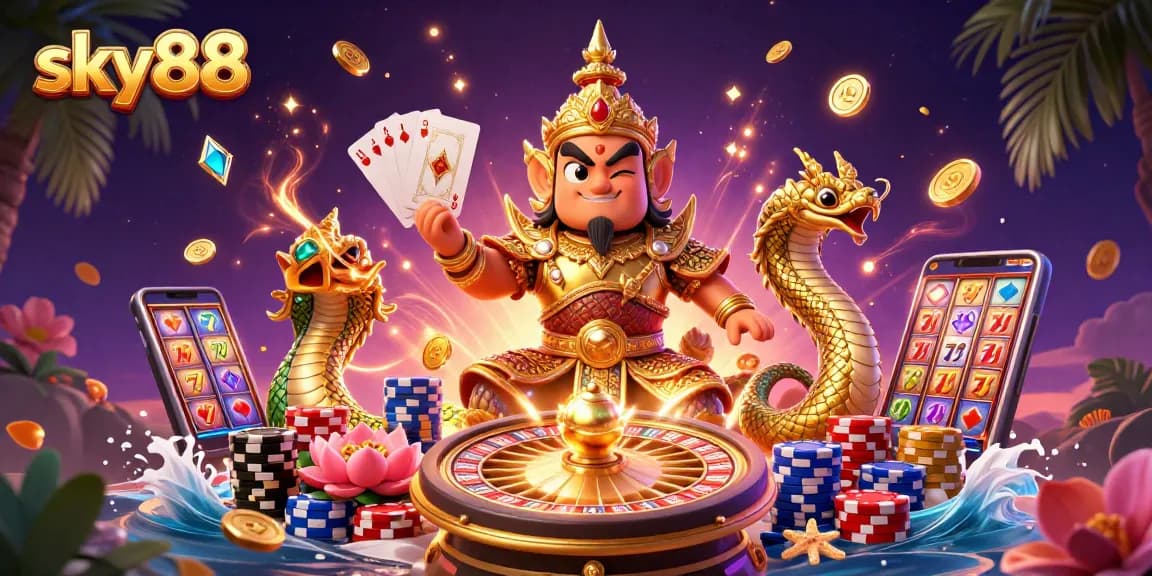 Experience excitement at sky88 with a vibrant casino atmosphere featuring golden coins, dynamic characters, and gaming elements.
