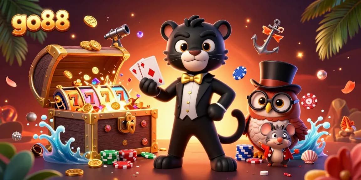 Experience thrilling casino action with go88 as the panther deals cards amidst treasure and vibrant gambling elements.