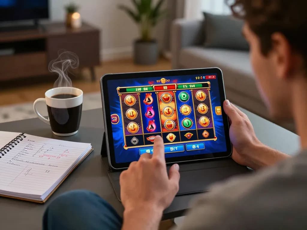 Engaging in Slot Malaysia gaming session on a tablet at home with colorful reels displayed.