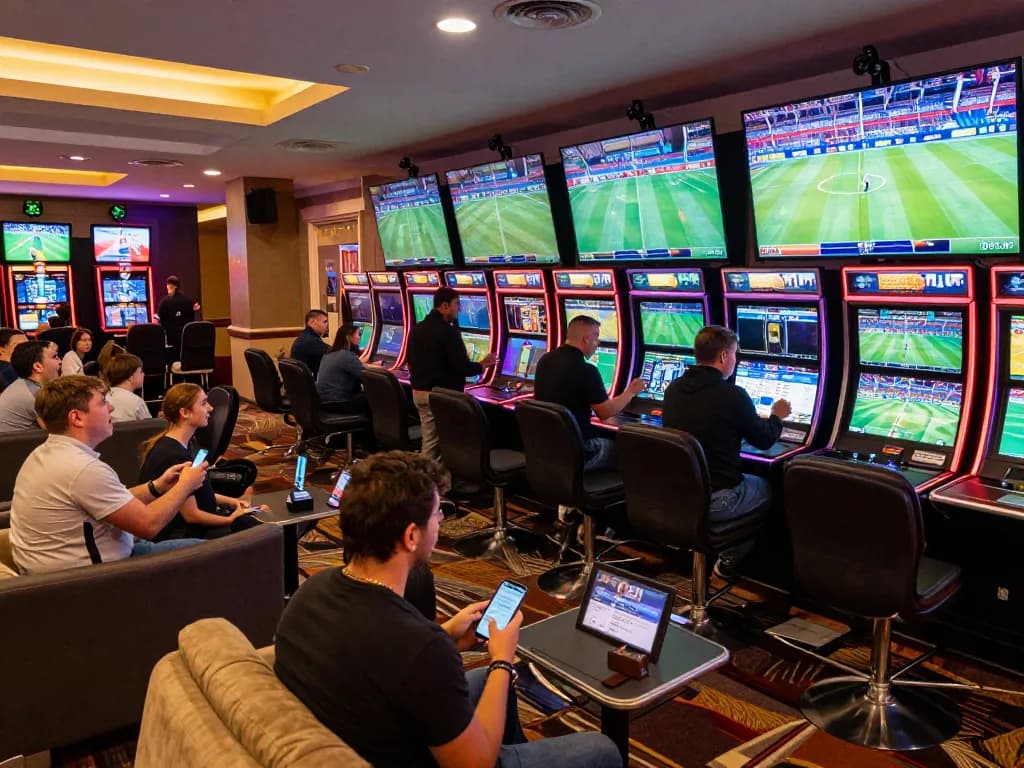 Kkwin players engaging in thrilling live sports betting in a high-end casino lounge