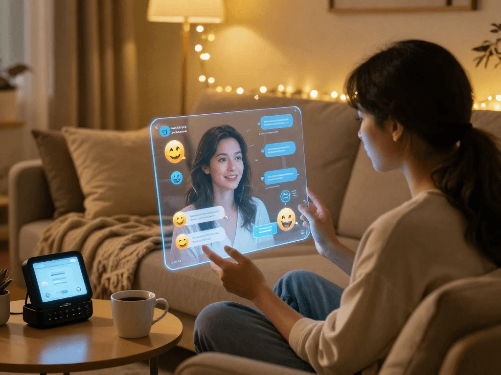 A person engaging with an AI girlfriend in a cozy living room, highlighting modern digital relationships and virtual interactions.