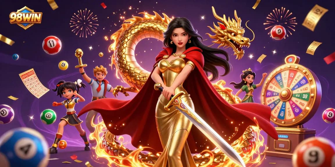 Win big with the charismatic 98WIN queen, golden dragon, and vibrant casino elements.