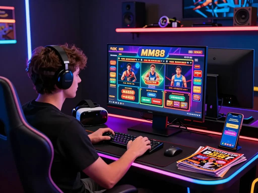 Player engaging in MM88 online casino gaming with vibrant neon atmosphere.