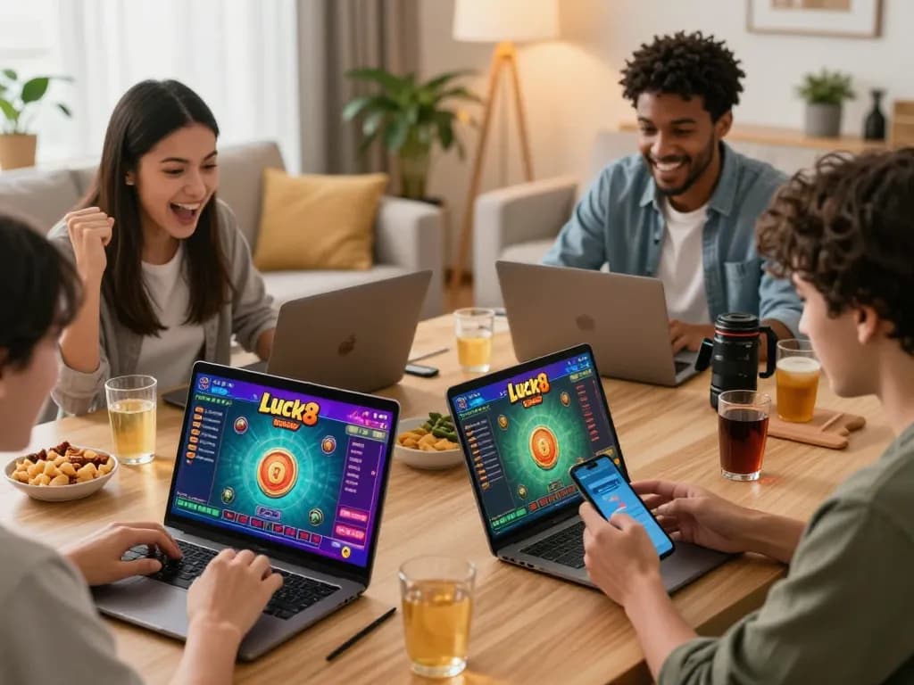 Excited players enjoying Luck8 online gaming experience at home, showcasing vibrant game interfaces and lively atmosphere.