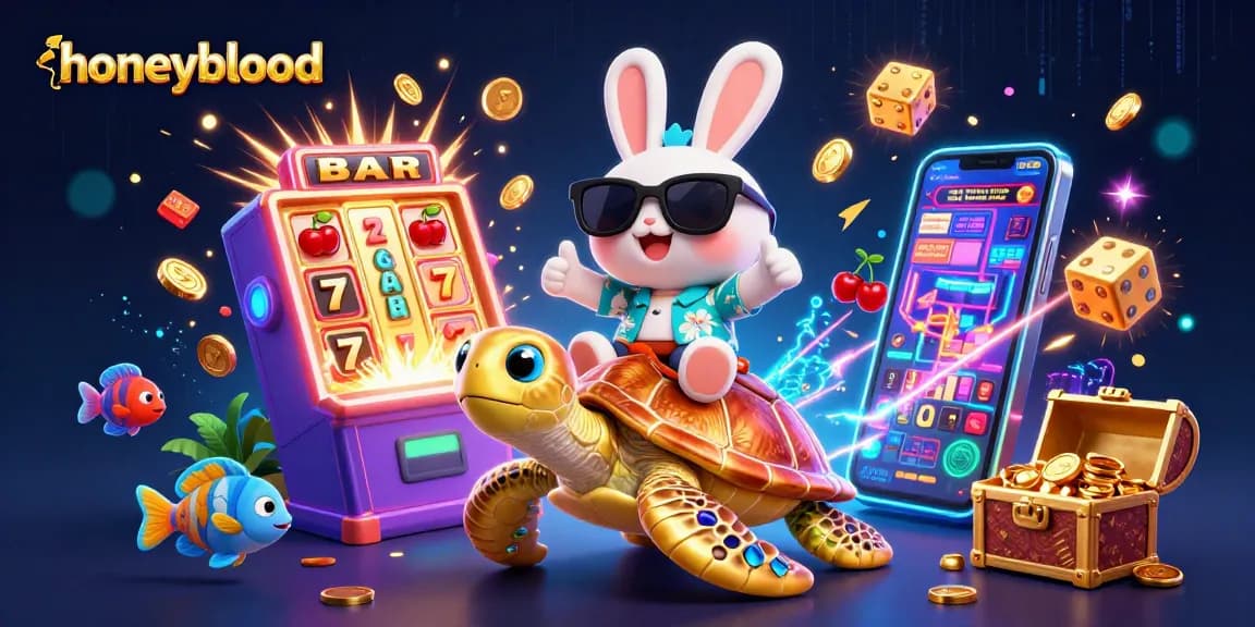 Watch the adorable lucky rabbit and golden turtle celebrate at honeyblood casino with thrilling jackpot excitement.