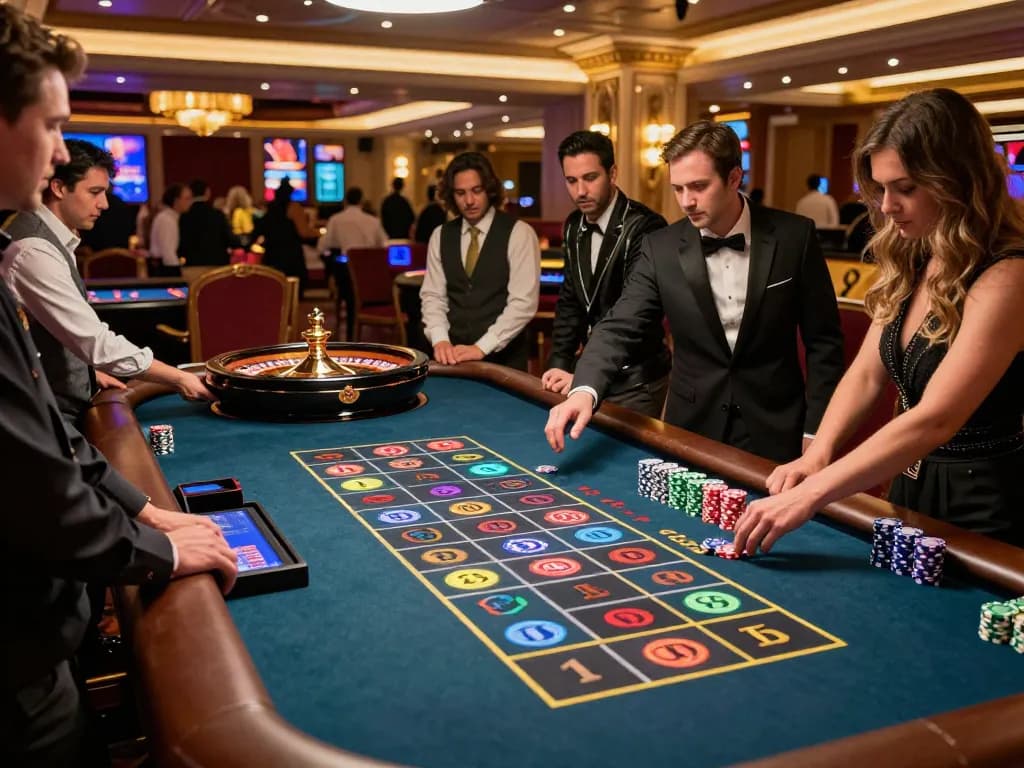 Người chơi LUCK8 đặt cược trên bàn roulette rực rỡ với các chip màu sắc tại một Casino
