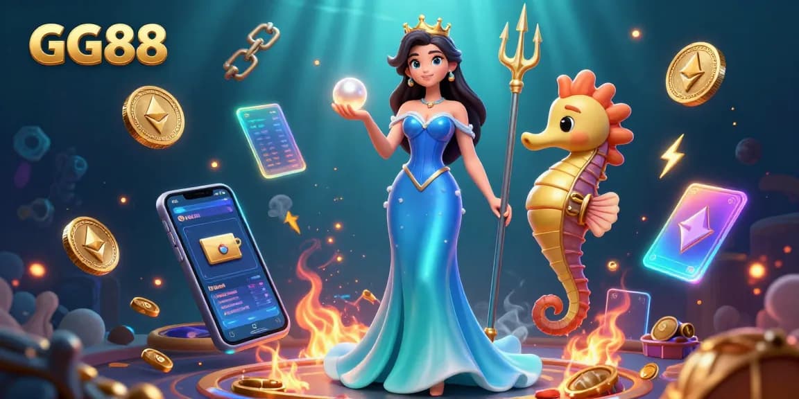 Experience adventure at GG88 with a stunning underwater casino scene featuring a glamorous woman and a seahorse king.