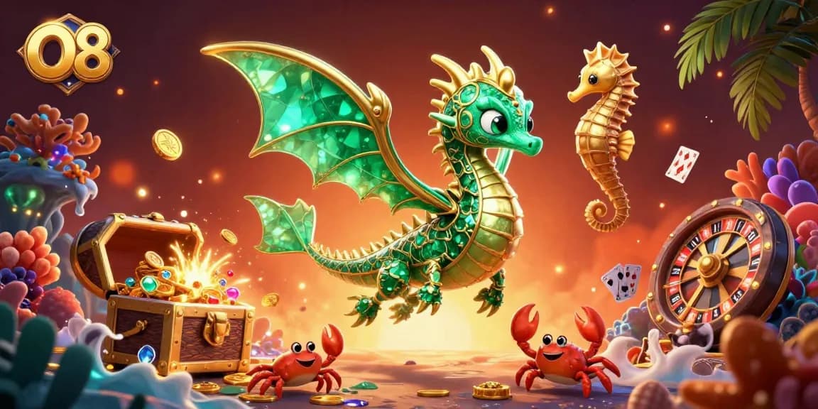 Win big with O8's dynamic underwater casino illustration featuring vibrant characters and game elements.