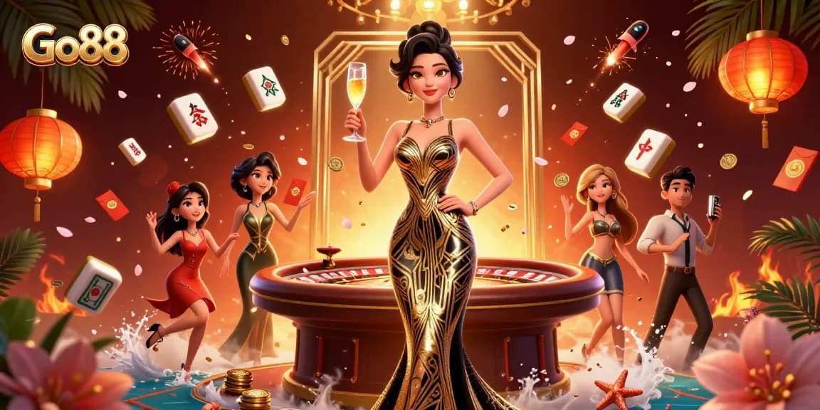 Experience the vibrant world of Go88 gaming with a glamorous Asian woman and festive casino elements.