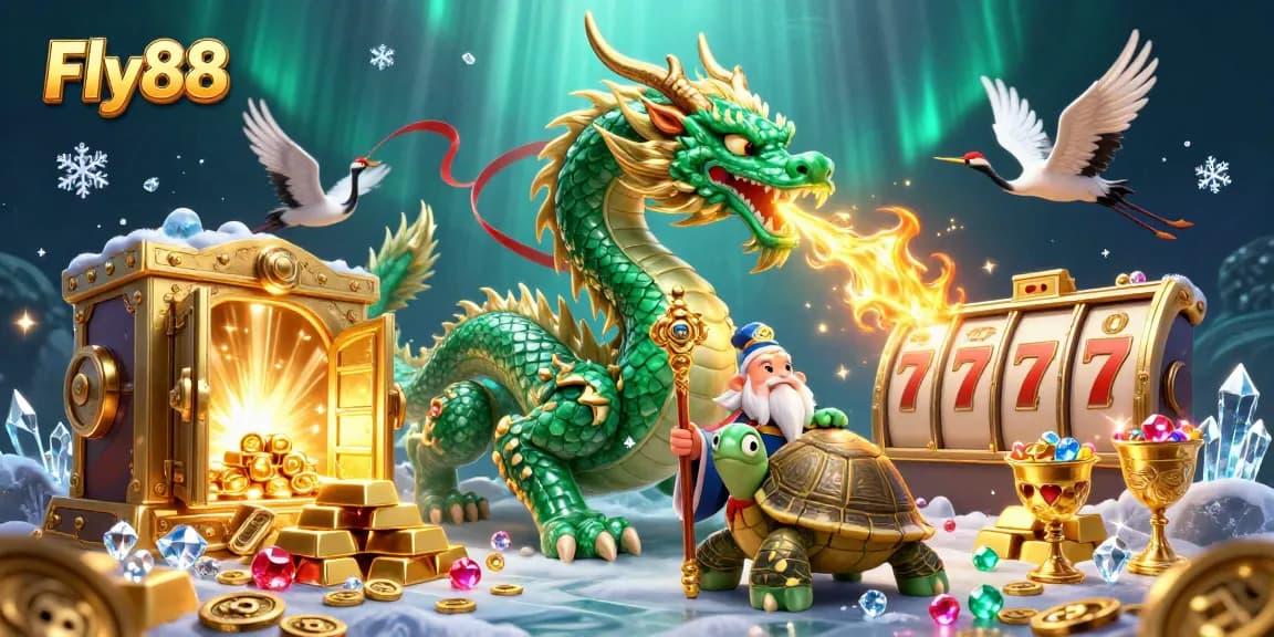 Experience the thrill of Fly88 with vibrant casino characters and slot elements in high-energy illustration.