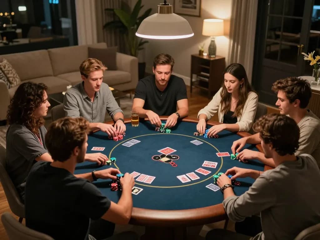 Engaging home poker night scene with friends playing nk88, chips and cards visible on the table.