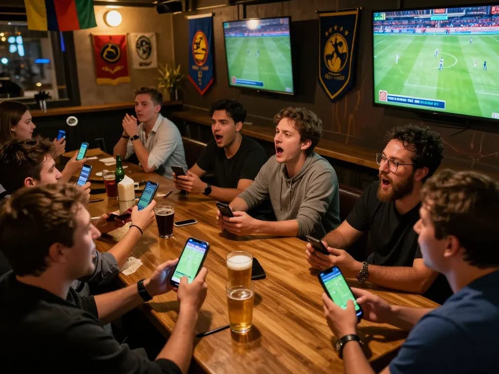 Fans celebrating football results and engaging in mobile betting during a live match, showcasing ผลบอลวันนี้ excitement.