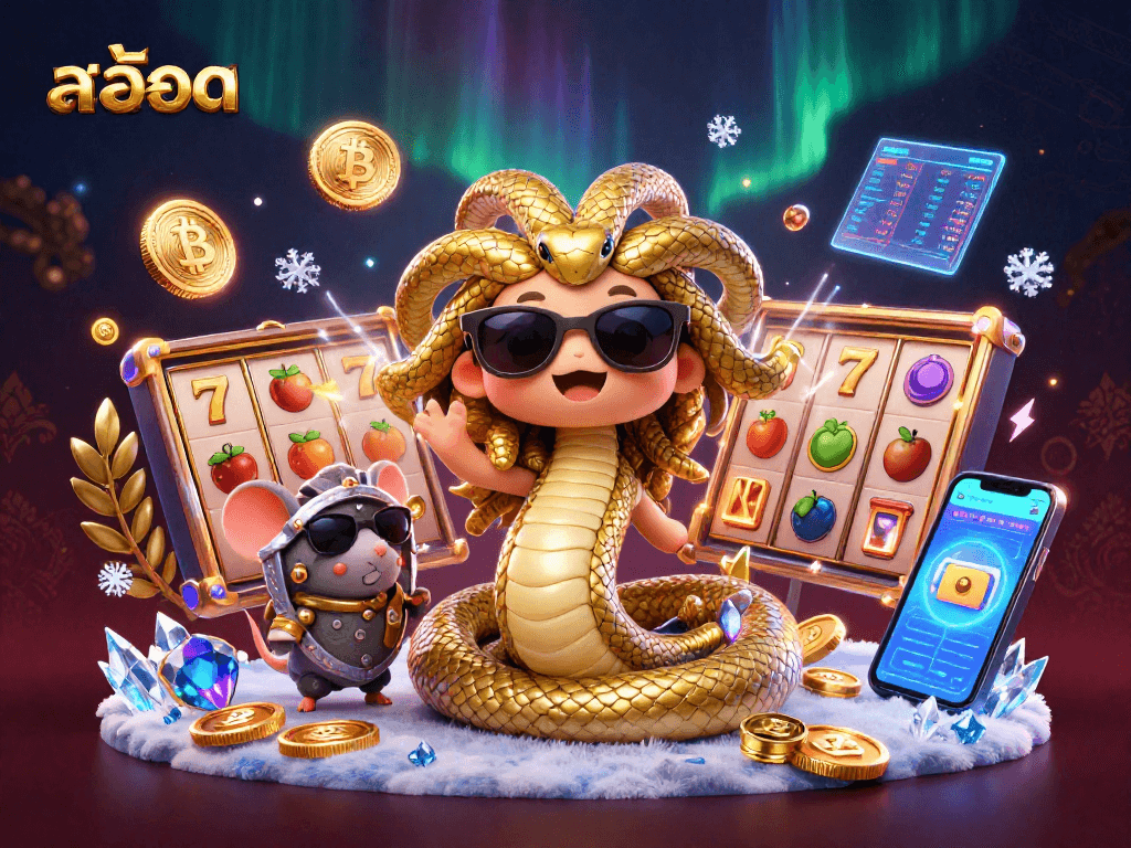 Spin the สล็อต reels with Medusa and friendly characters in a vibrant casino scene.