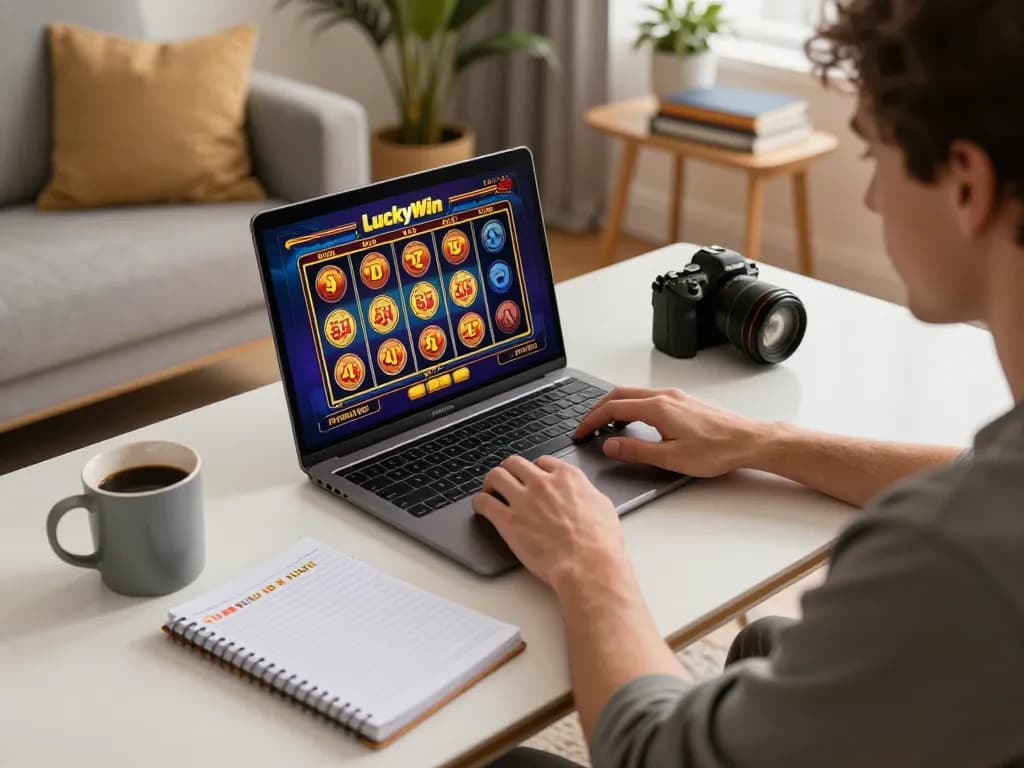 Player enjoying a thrilling LuckyWin slot game online in a cozy setting with strategy notes.