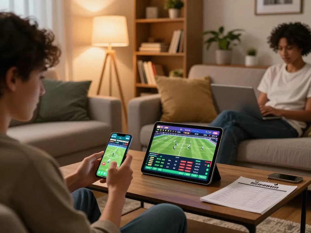 Socolive user engaging in sports betting at home with tablet and smartphone, showcasing online gaming.