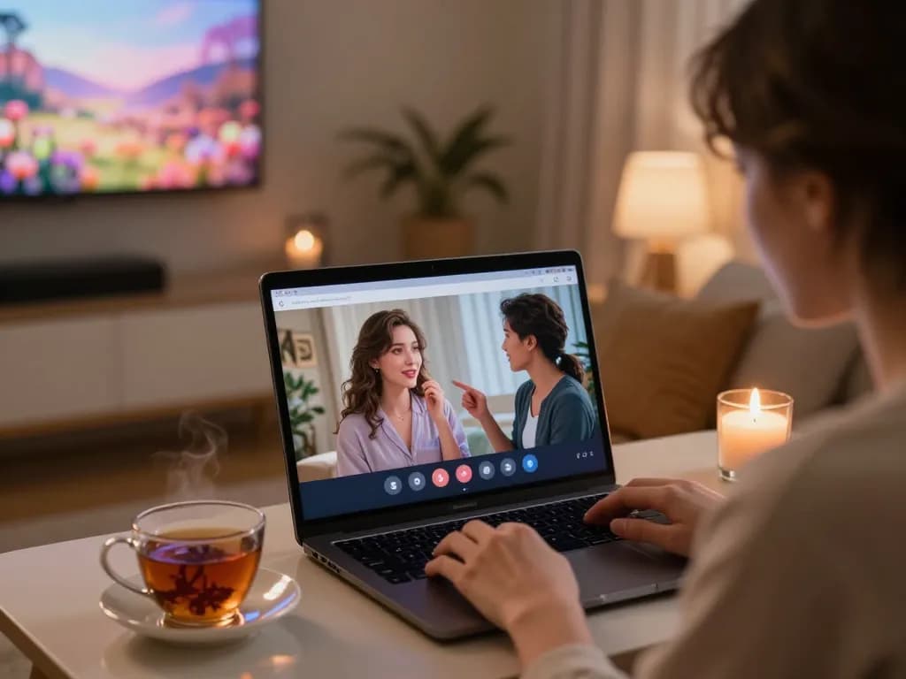 AI sex chat experience in a cozy virtual setting with engaging avatars and a sleek laptop.