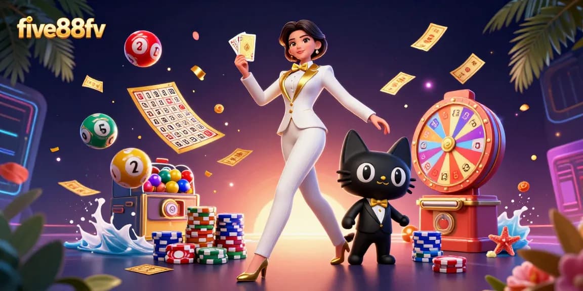 Experience thrilling gameplay with five88fv, where a glamorous dealer shuffles golden cards amidst vibrant casino elements.