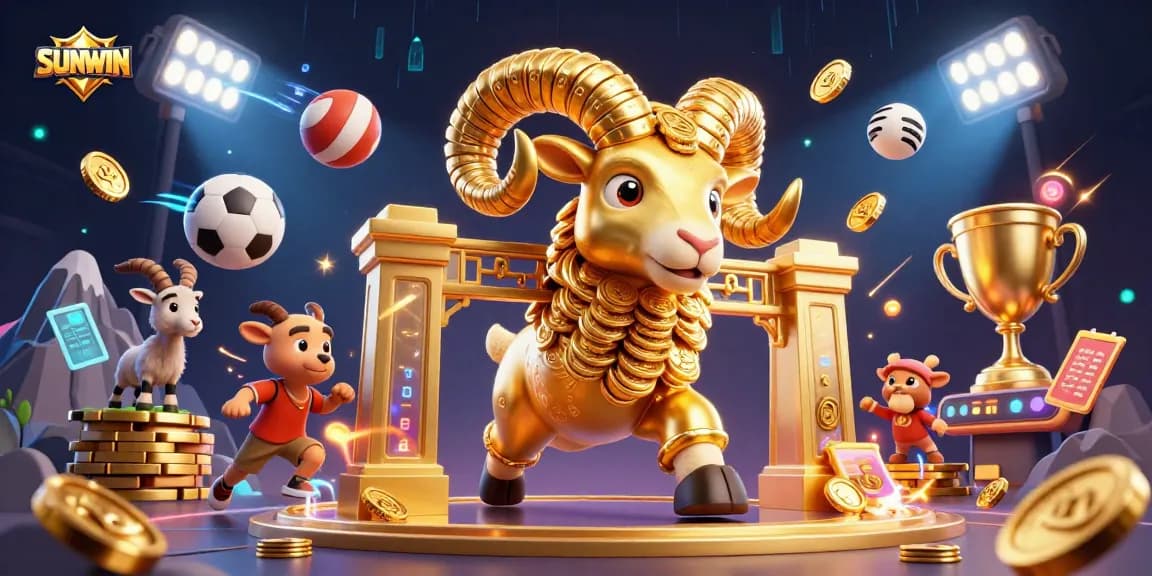 SUNWIN engages players with a thrilling 3D scene of golden ram and vibrant sports elements showcasing the excitement of online gaming.