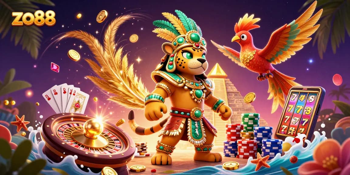 Experience the thrill of gambling at zo88 with a vibrant 3D illustration featuring exciting casino elements.