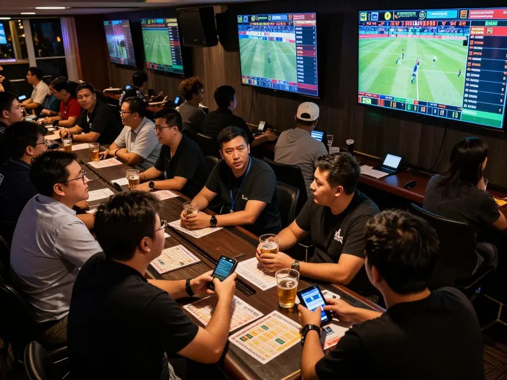 Engaged gamblers placing bets on kèo nhà cái in lively sports betting venue.