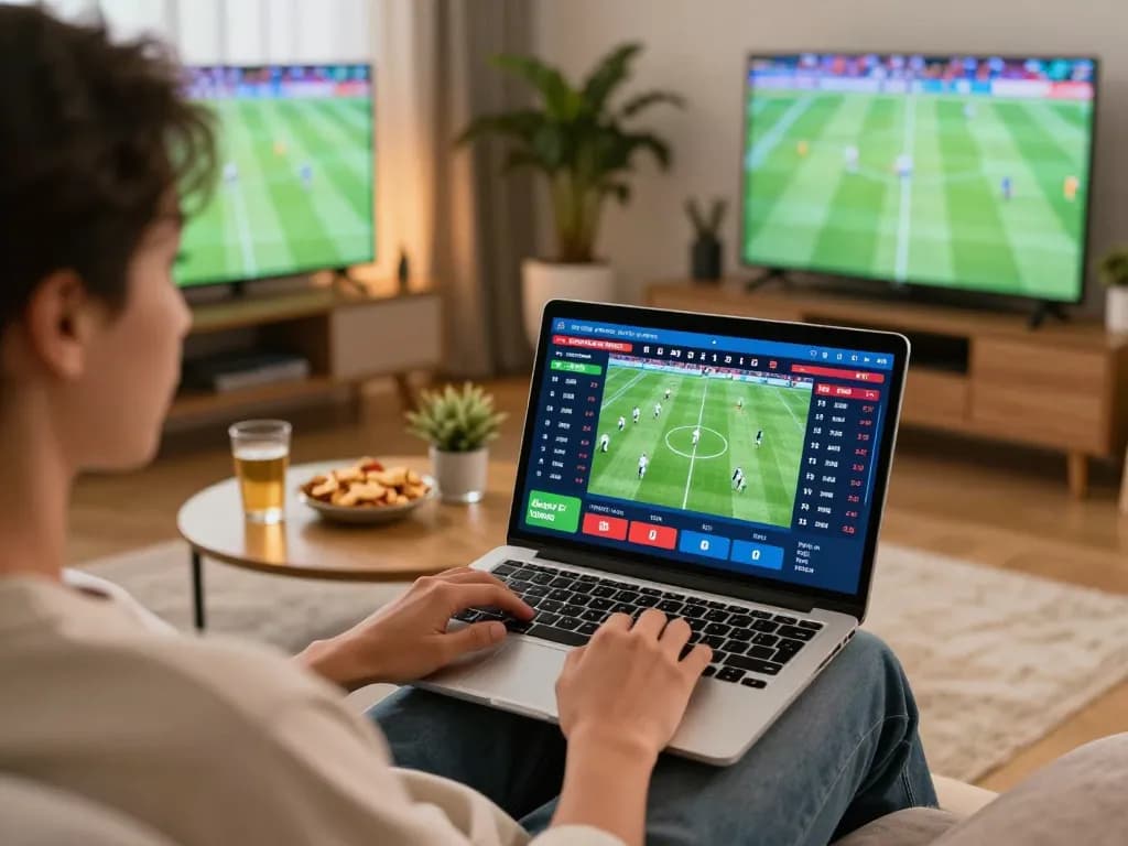 Person engaging in sports betting through cacuocbongda on a laptop, lively and ambient home setting.