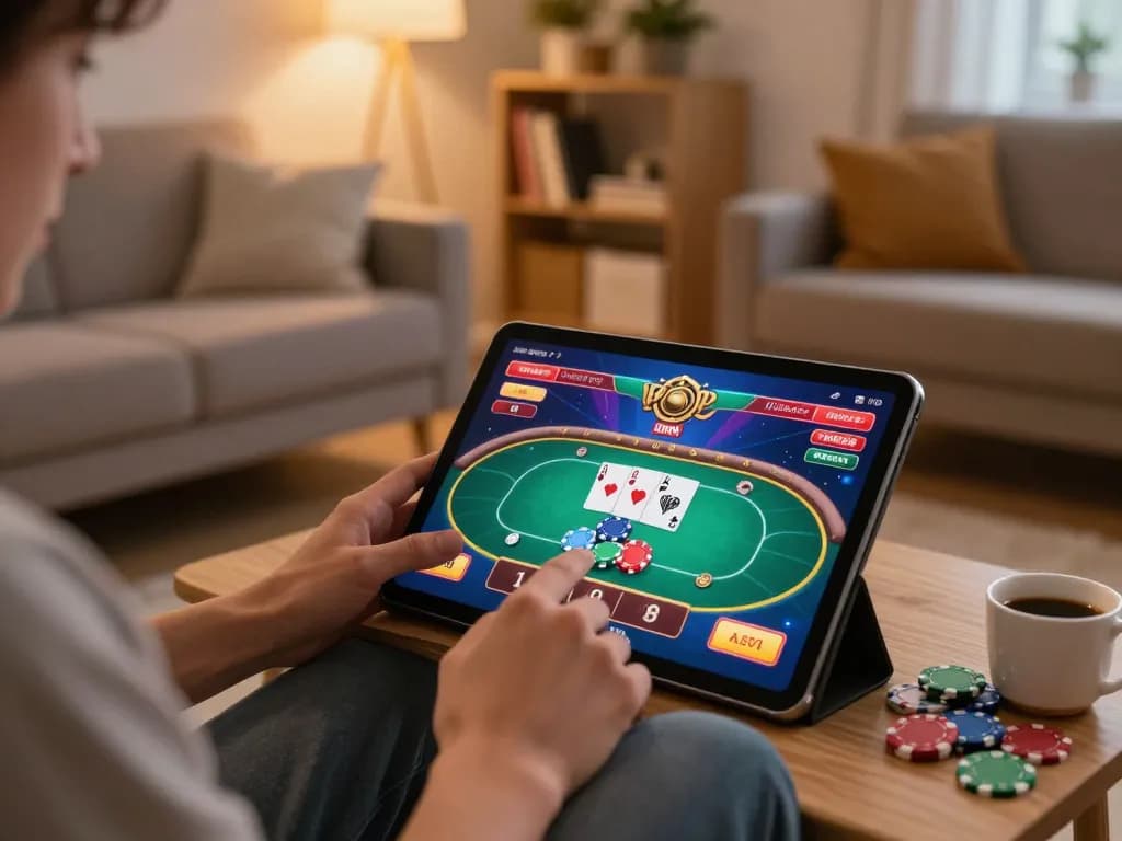 Engage in thrilling online casino action with 86bet on your tablet, showcasing an interactive poker interface in a cozy home.