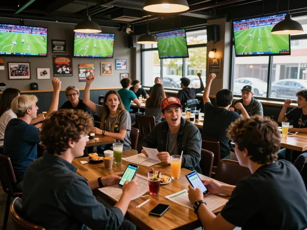 Engaging scene capturing fans placing football bets and cheering in a lively sports bar atmosphere, enhancing the excitement around ฟุตบอล.