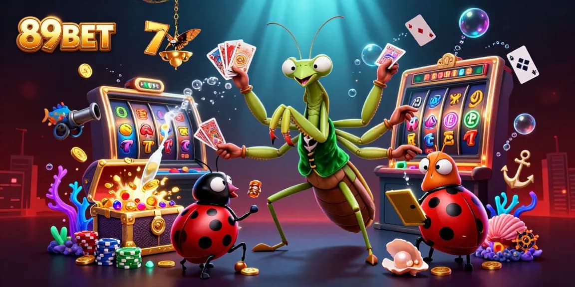 Experience the excitement of 89BET with a vibrant visual of slot games and joyful characters.