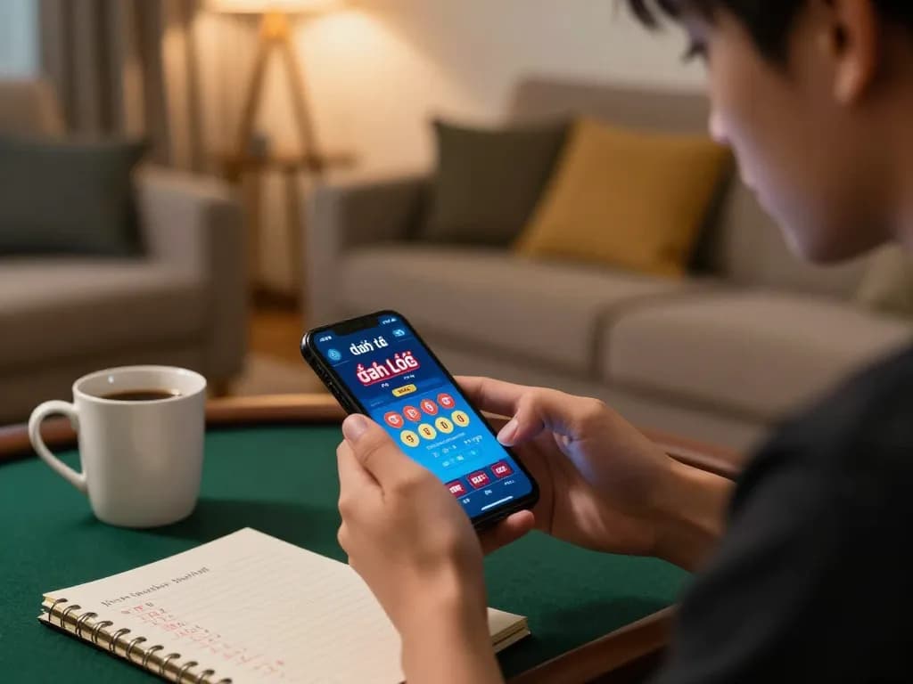 Engaging in đánh lô đề online from home, showcasing a player focused on their smartphone with strategic notes visible.