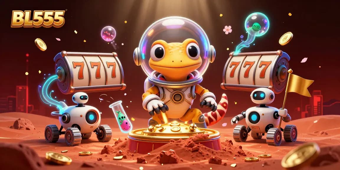 Explore BL555's vibrant casino world with a cheerful Martian gecko and exciting game elements.