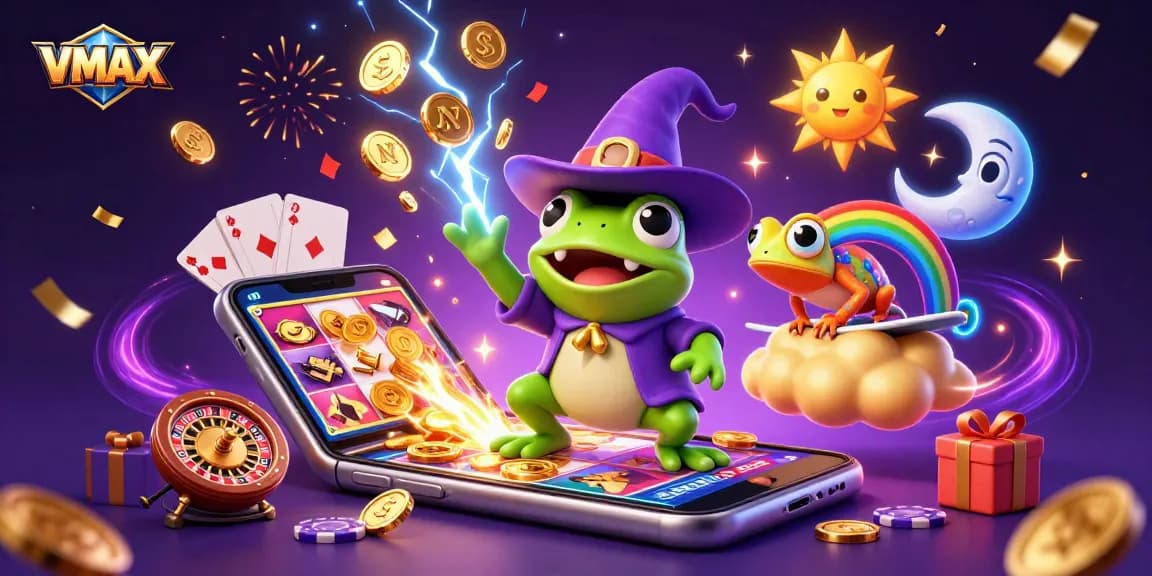 VMAX unleashes golden coins as a weather wizard frog conjures excitement, surrounded by a colorful casino scene.