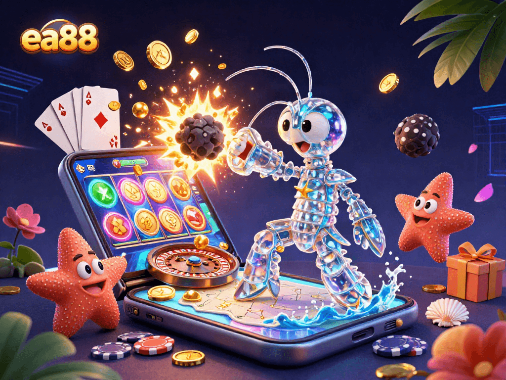 ea88 showcases a galactic samurai mantis shrimp winning riches in a vibrant casino scene.