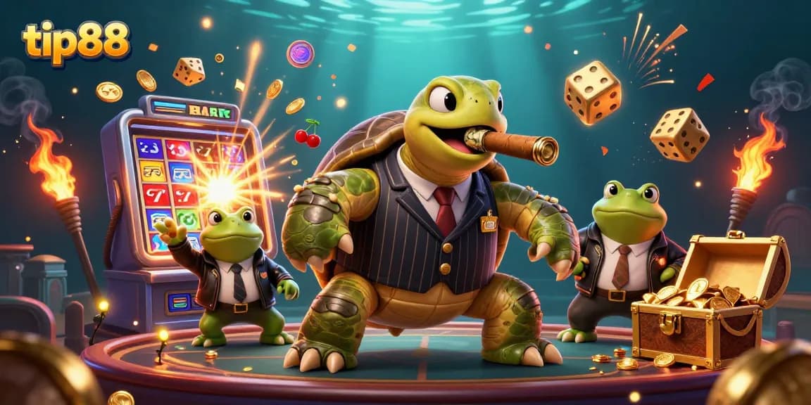 Experience thrilling slots at tip88 with a vibrant cartoon turtle and enforcers amid casino chaos.