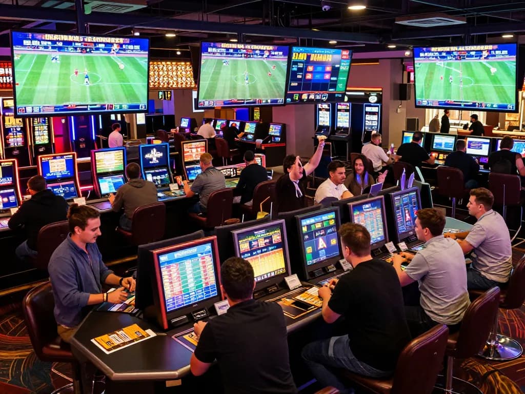 Engaged bettors placing live wagers at the VB88 sportsbook in a lively casino environment