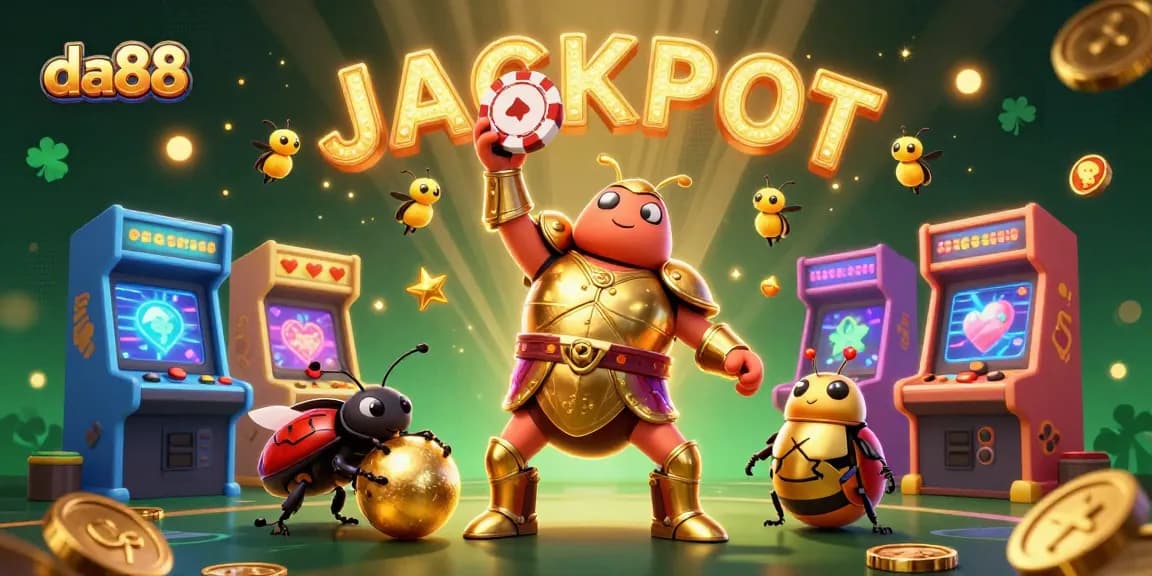 da88 showcases an epic win with a victorious beetle lifting a poker chip, surrounded by colorful casino game elements.