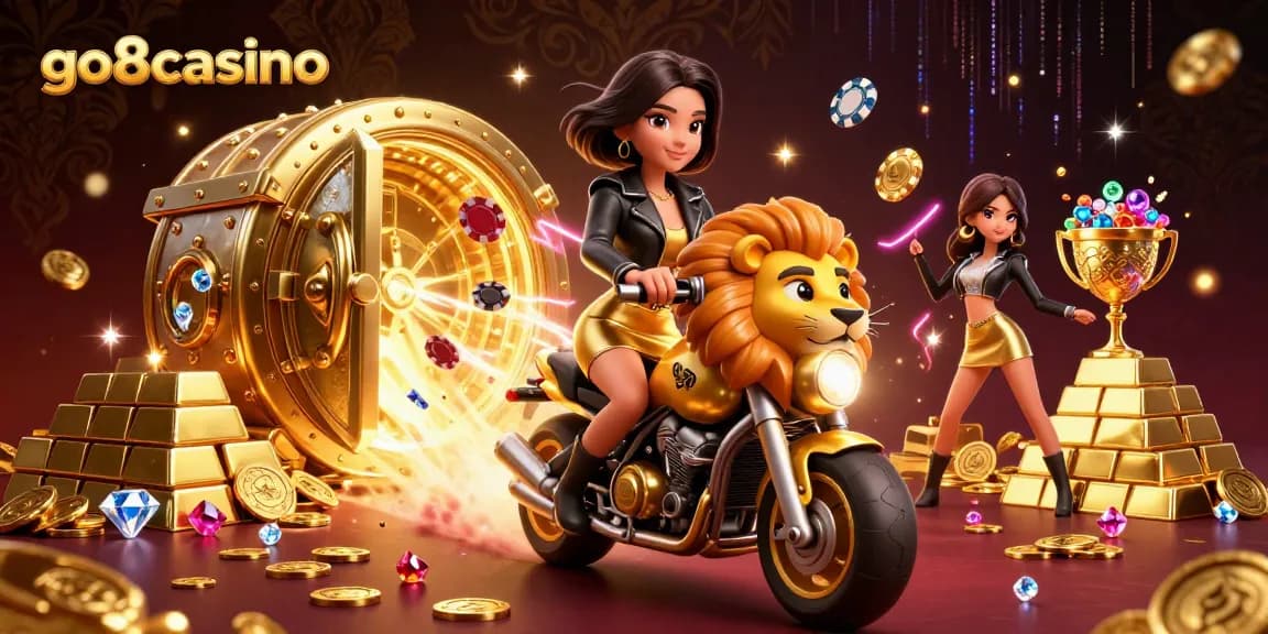Experience thrilling gameplay at go8casino with dazzling visuals of a glamorous woman and golden treasures.