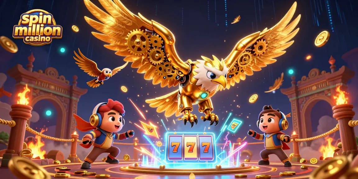 Spin million casino illustration featuring a golden eagle surrounded by slot reels and vibrant casino elements.