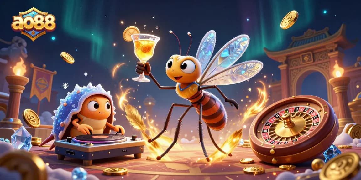 Engage with ao88's casino mascot amidst vibrant gaming elements in a dynamic, lively scene.