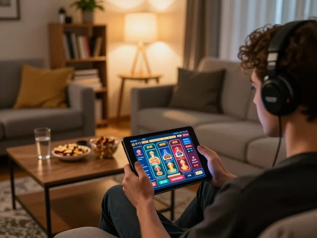 Player enjoying an engaging online casino app on their tablet, reflecting a strategic gaming atmosphere with okwin.
