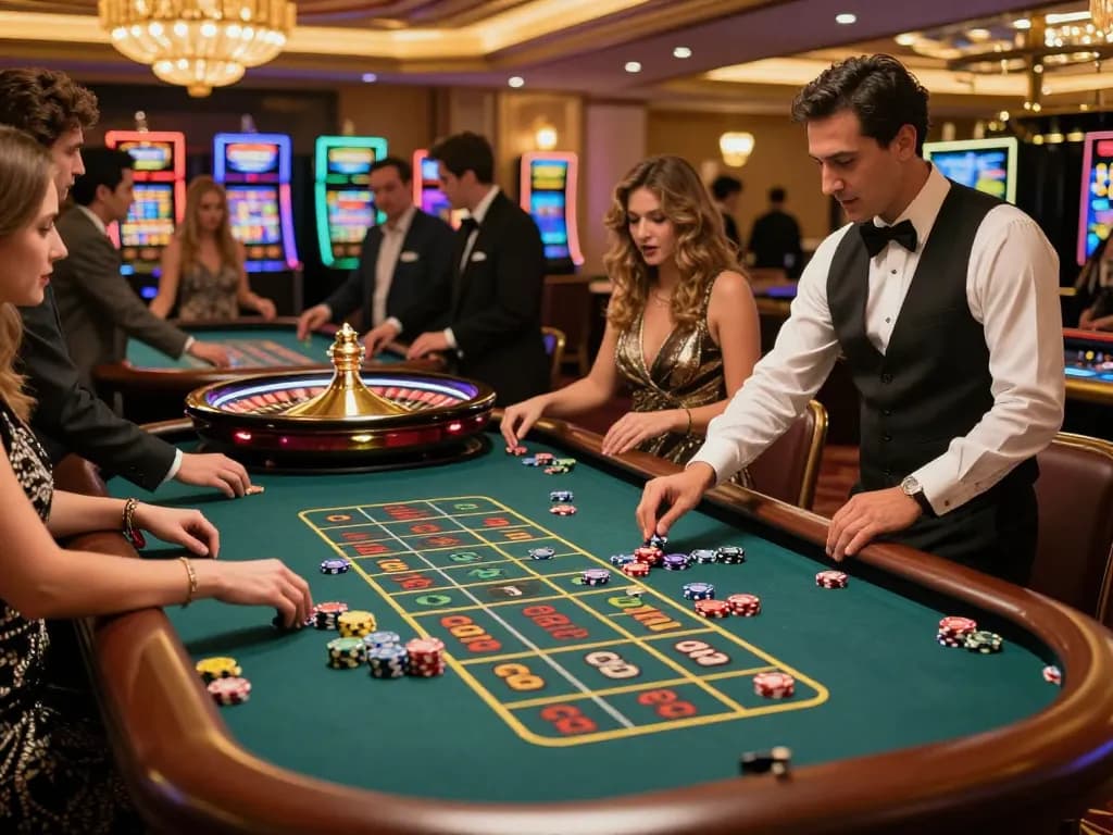 Watch SC88 Game enthusiasts place bets at vibrant roulette table in upscale casino atmosphere.