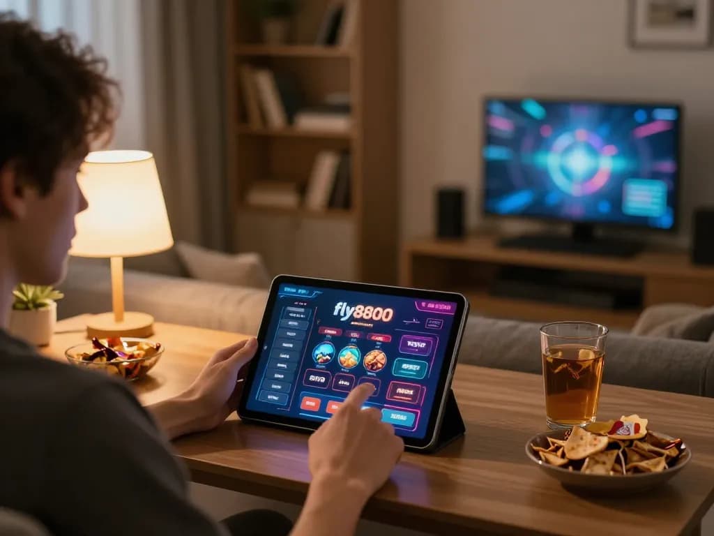 Engaged player enjoying online casino games on fly8800 tablet in a cozy modern setting